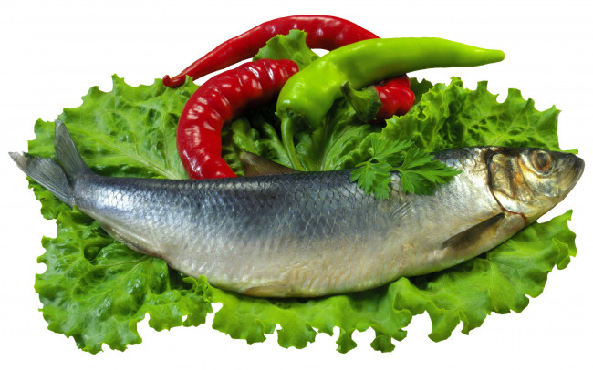 Обои картинки фото еда, рыбные блюда,  с морепродуктами, зеленый, салат, селедка, острый, перец, стручки