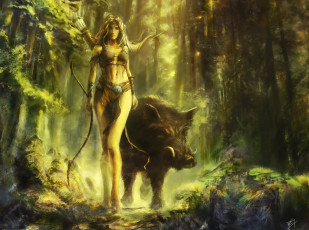 Картинка фэнтези красавицы чудовища лес кабан девушка