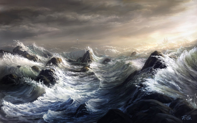 Обои картинки фото рисованные, природа, парусник, маяк, шторм, скалы, корабль, волны, море, рифы