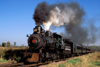 Картинка техника паровозы дым дорога железная степь вагоны паровоз