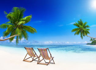 Картинка природа тропики пальмы солнце океан остров берег пляж море песок