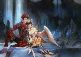 Картинка аниме -angels+&+demons lineage пещера вода крылья девушка парень