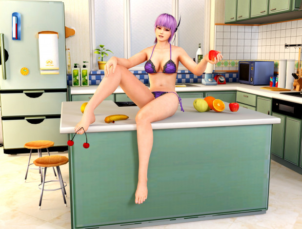 Обои картинки фото 3д графика, anime , аниме, девушка, взгляд, стол, фрукты, кухня