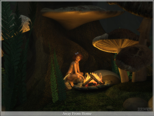 Обои картинки фото 3д графика, fantasy , фантазия, папоротник, взгляд, лес, грибы, ночь, костер, девушка