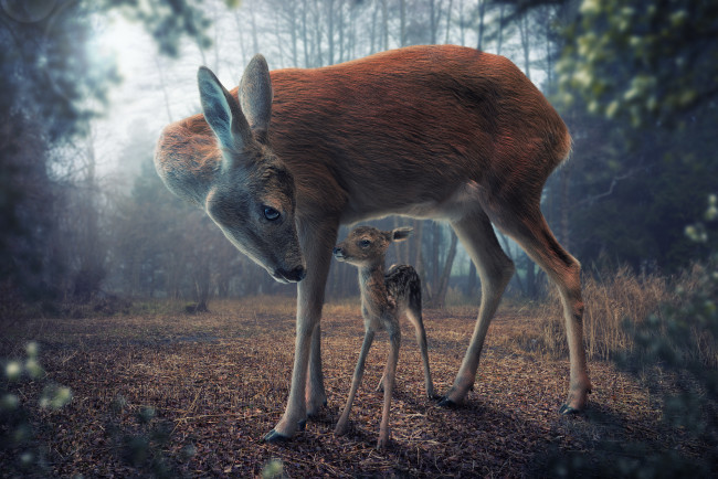 Обои картинки фото животные, олени, оленёнок, олениха, детёныш, лес