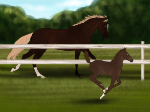 обоя рисованное, животные,  лошади, лошадь, забор, лошадка