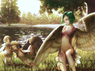 Картинка аниме животные +существа tagme artist арт существа девушка крылья трава дети гарпия
