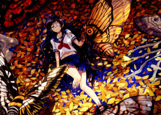 Картинка аниме животные +существа крылья листья бабочки галстук кровь ленты повязка девушка форма niniright