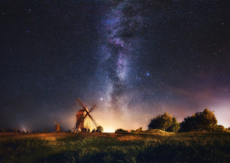 Картинка разное мельницы швеция ночь эланд ветряные звезды небо млечный путь остров