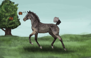 обоя рисованное, животные,  лошади, лошадка, бабочки, лето, дерево