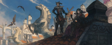 Картинка аниме pixiv+fantasia pixiv fantasia oca арт парни город крыша статуя лошадь эльф неко меч