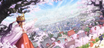 обоя аниме, город,  улицы,  здания, весна, девушка, makkou4, арт, цветы, ветки