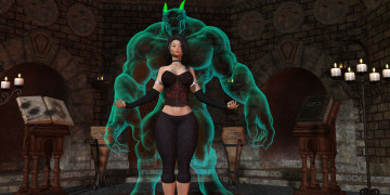 Картинка 3д+графика фантазия+ fantasy фон взгляд девушка демон свечи книга