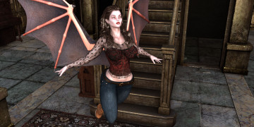 Картинка 3д+графика фантазия+ fantasy лестница фон взгляд девушка демон крылья