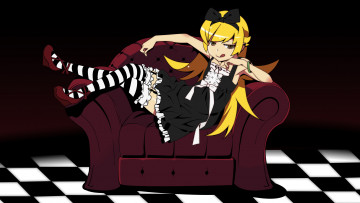Картинка аниме bakemonogatari браслет платье чулки бант клетчатый пол кресло вампир девушка oshino shinobu