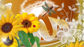 Картинка разное компьютерный+дизайн коллаж цветы насекомые стрекоза божья коровка лепестки природа