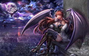 Картинка аниме ангелы +демоны sangrde арт девушка демон крылья ночь луна