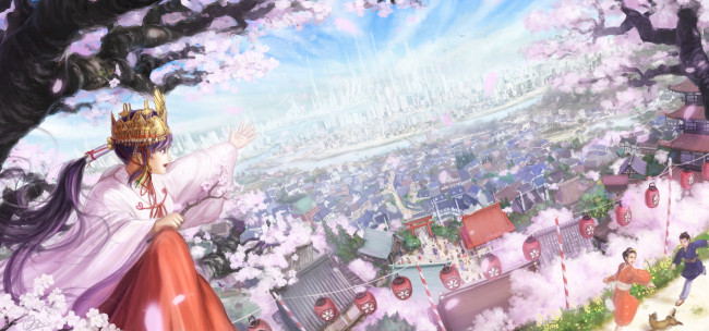 Обои картинки фото аниме, город,  улицы,  здания, весна, девушка, makkou4, арт, цветы, ветки