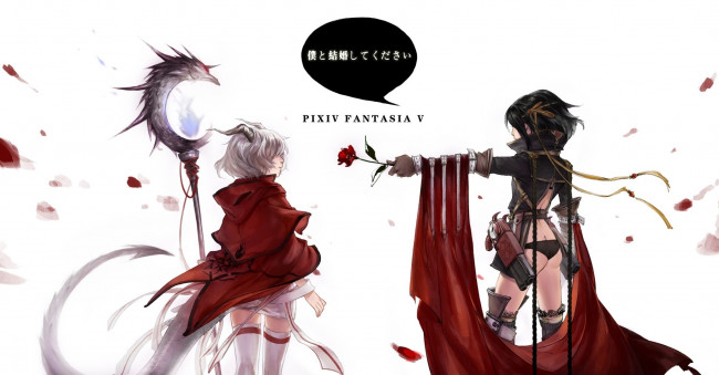 Обои картинки фото аниме, pixiv fantasia, белый, фон, девушки, посох, роза