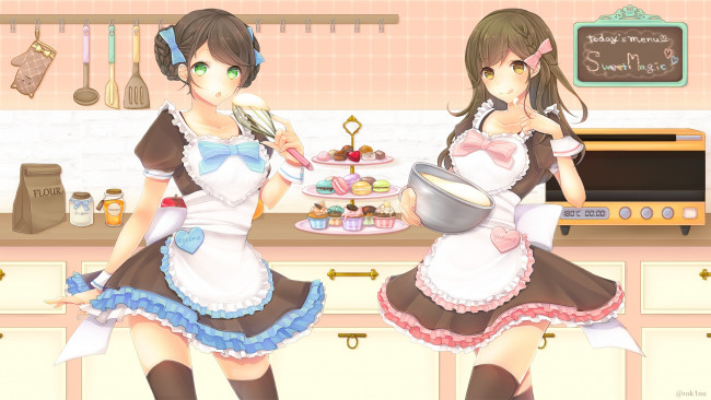 Обои картинки фото аниме, unknown,  другое, akatsuki, rokino, арт, девушки, сладости, пирожные