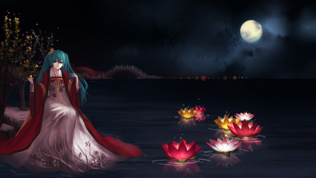 Обои картинки фото аниме, vocaloid, hatsune, miku, tagme-artist, арт, девушка, ночь, озеро, цветы