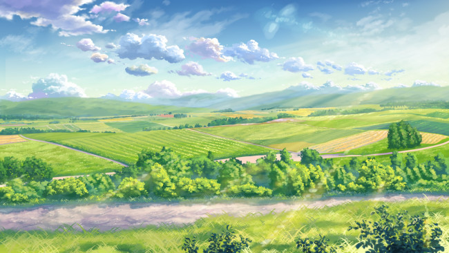 Обои картинки фото рисованное, природа, yuuko-san, поля, небо, зелень, облака