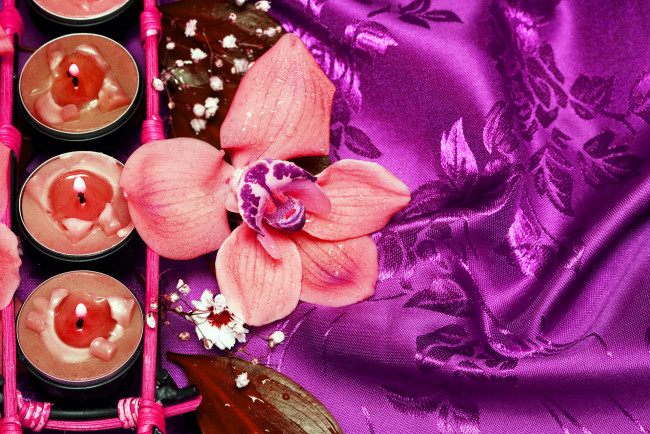 Обои картинки фото разное, свечи, ткань, орхидея