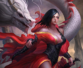 Картинка фэнтези красавицы+и+чудовища дракон оружие платье взгляд девушка арт