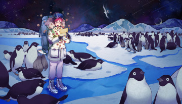 обоя аниме, free, пингвины, мальчик