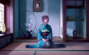 Картинка аниме unknown +другое маска лилии ваза geisha татами окно гейша комната кимоно