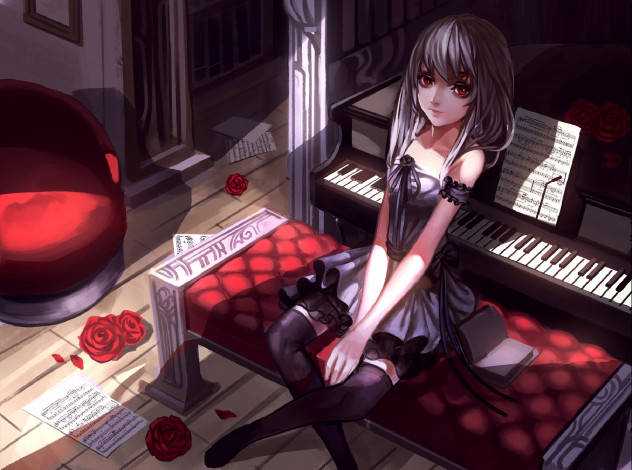 Обои картинки фото аниме, музыка, пианино, девушка