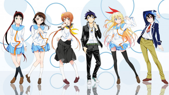 Обои картинки фото аниме, nisekoi, фон, взгляд, девушки