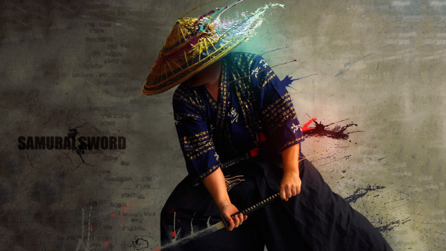 Обои картинки фото разное, компьютерный дизайн, кимоно, шляпа, удар, катана, самурай, samurai, sword