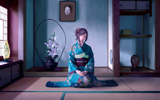 Обои картинки фото аниме, unknown,  другое, маска, лилии, ваза, geisha, татами, окно, гейша, комната, кимоно