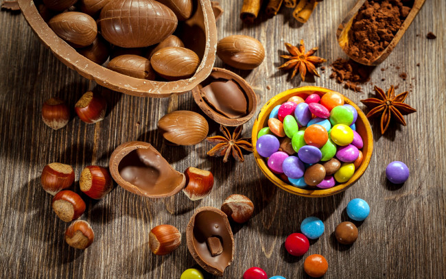 Обои картинки фото еда, конфеты,  шоколад,  сладости, какао, орехи, драже, бадьян