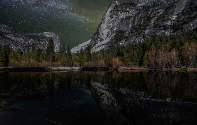 Обои картинки фото природа, реки, озера, деревья, озеро, звезды, небо, горы, ночь