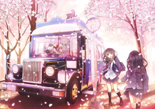 Обои картинки фото аниме, оружие,  техника,  технологии, автобус, весна, цветы, сакура, животные, школьницы, девочки