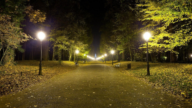 Обои картинки фото природа, парк, фонари, аллея, вечер