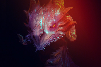 Картинка фэнтези драконы чешуя горящий глаз рога дракон морда в темноте злобный взгляд пасть