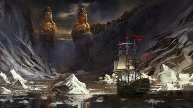 Обои картинки фото фэнтези, корабли, айсберги, red, flags, горы, статуи, льды, jude, smith, парусник, море, фрегат, корабль