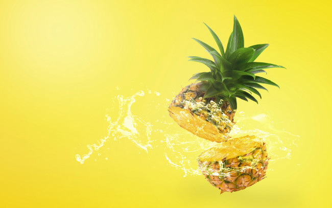 Обои картинки фото векторная графика, еда , food, брызги, желтый, фон, всплеск, воды, ананас