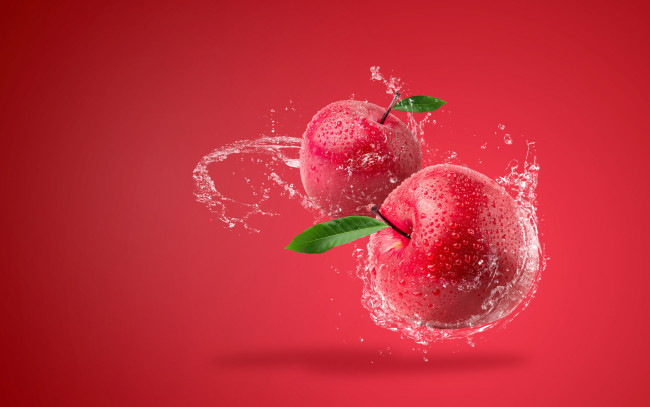 Обои картинки фото векторная графика, еда , food, вода, брызги, фон, яблоки, всплеск, красные