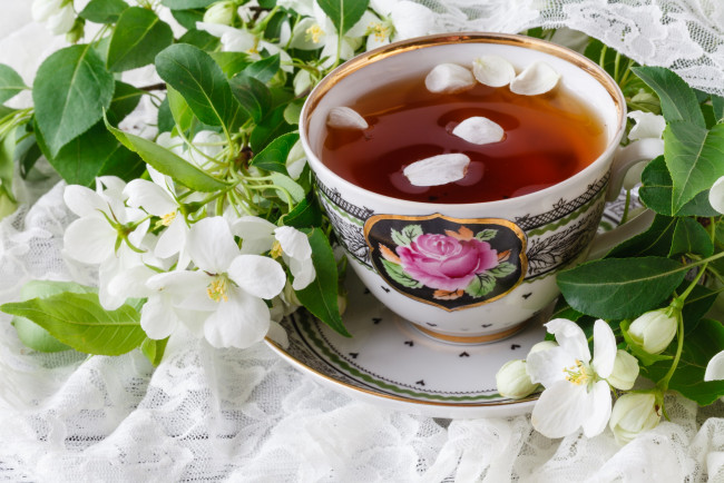 Обои картинки фото еда, напитки,  чай, цветы, ветки, чай, весна, лепестки