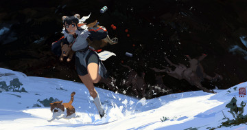 Картинка аниме животные +существа девушка кот собаки бег снег погоня