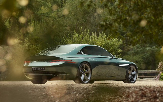 Обои картинки фото автомобили, genesis, 2021, x, concept, вид, сзади, экстерьер, роскошное, купе, зеленый, корейские