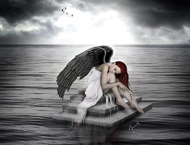 Обои картинки фото фэнтези, ангелы, девушка, ангел, крылья, море, ступени