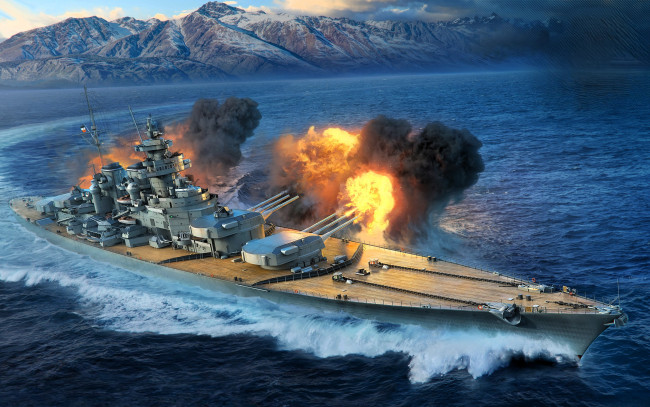 Обои картинки фото видео игры, world of warships, корабль, огонь, море, горы