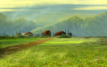Картинка рисованные природа небо дорога долина горы поле пейзаж дома деревья