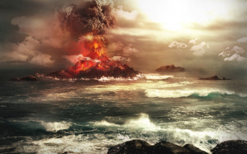 Картинка 3д графика nature landscape природа остров море вулкан извержение