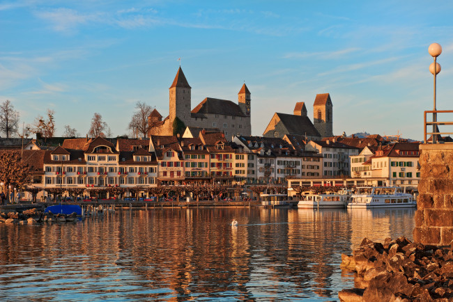 Обои картинки фото rapperswil, switzerland, города, улицы, площади, набережные, швейцария, набережная, река, замок, здания